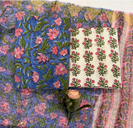 Hand Block Bagru and Sanganeri Printed Cotton 3PC Unstiched Suit With Kota Doriya Dupatta