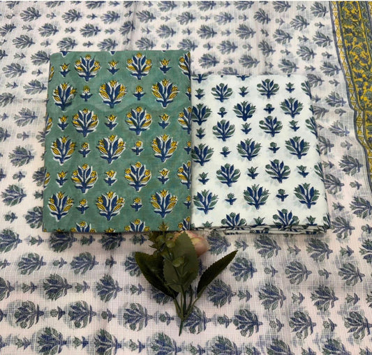 Hand Block Bagru and Sanganeri Printed Cotton 3PC Unstiched Suit With Kota Doriya Dupatta
