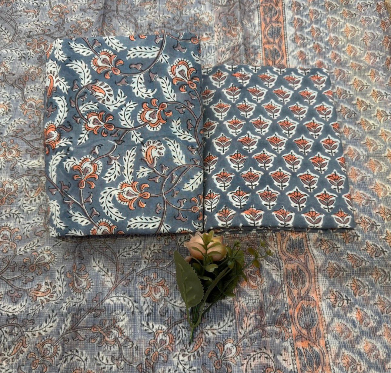 Hand Block Bagru and Sanganeri Printed Cotton 3PC Unstiched Suit With Kota Doriya Dupatta