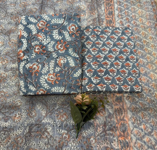 Hand Block Bagru and Sanganeri Printed Cotton 3PC Unstiched Suit With Kota Doriya Dupatta