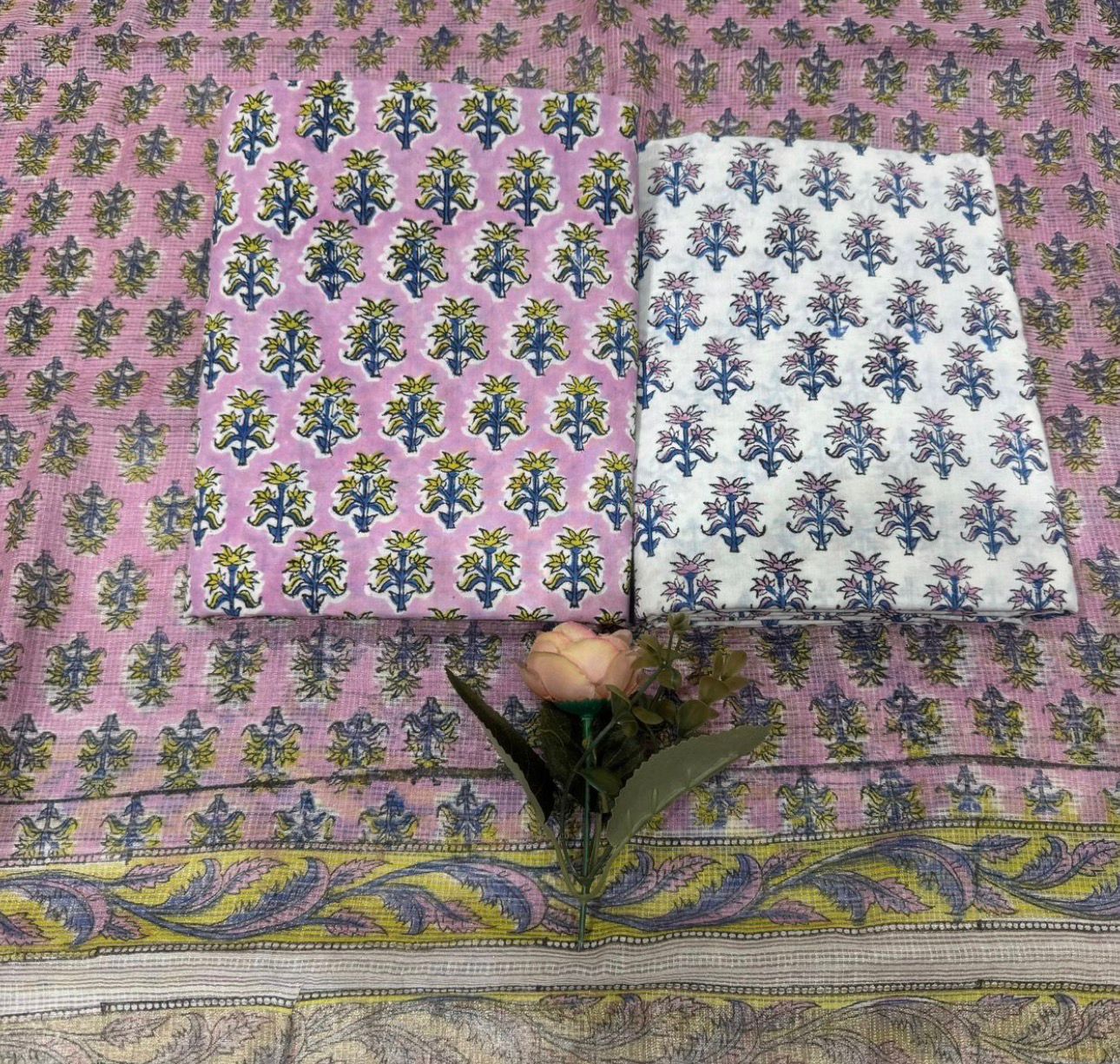 Hand Block Bagru and Sanganeri Printed Cotton 3PC Unstiched Suit With Kota Doriya Dupatta