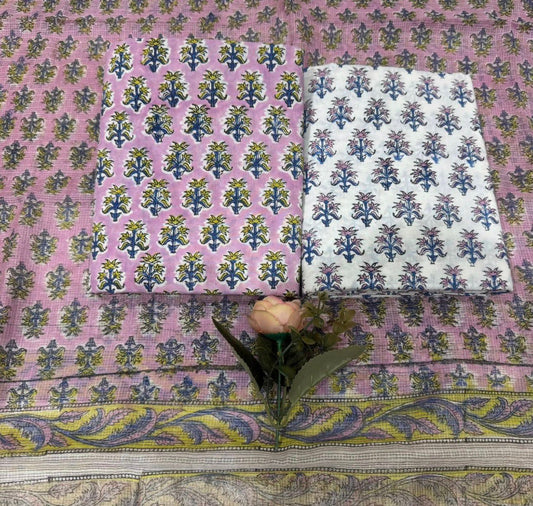 Hand Block Bagru and Sanganeri Printed Cotton 3PC Unstiched Suit With Kota Doriya Dupatta