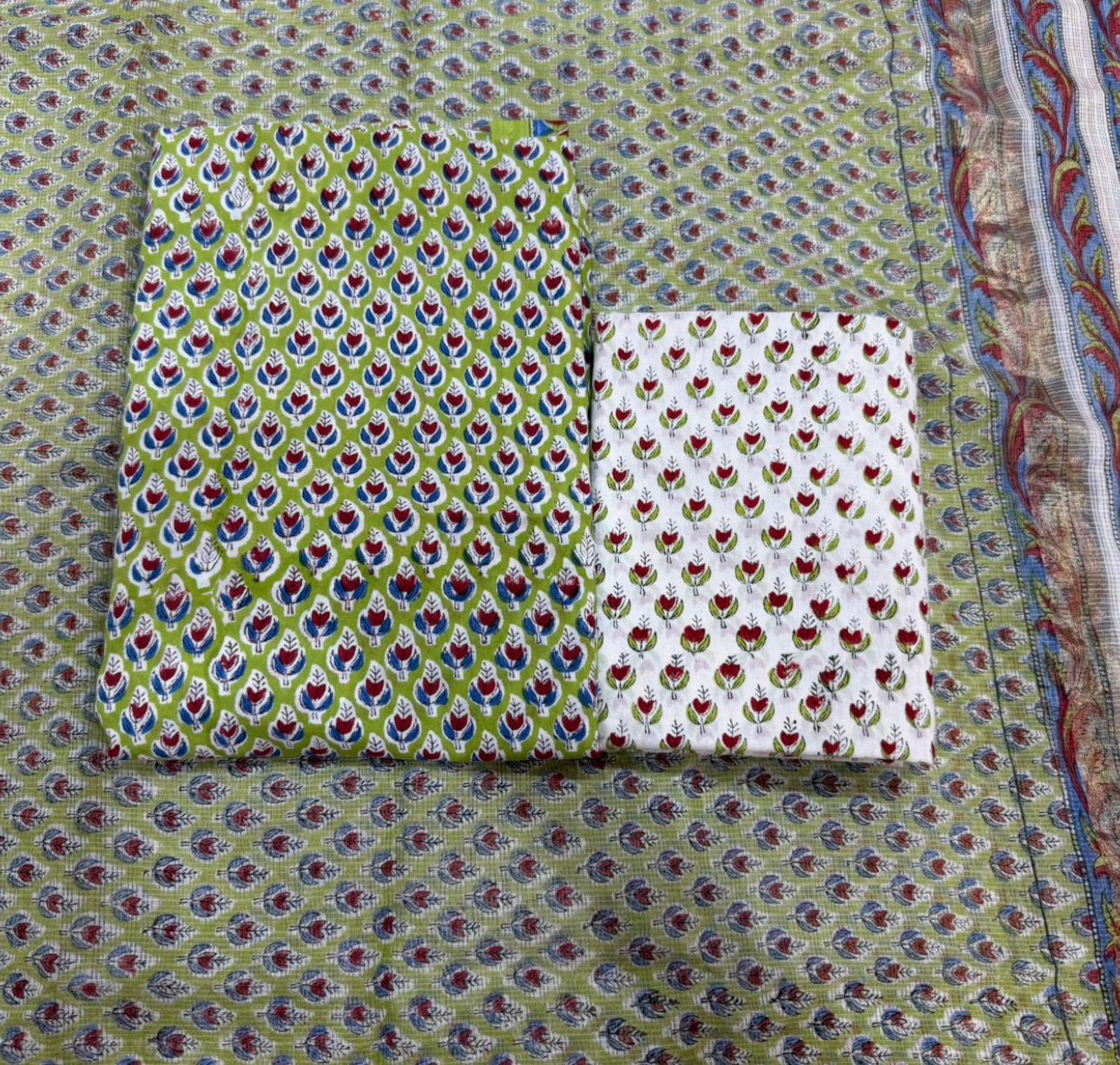 Hand Block Bagru and Sanganeri Printed Cotton 3PC Unstiched Suit With Kota Doriya Dupatta