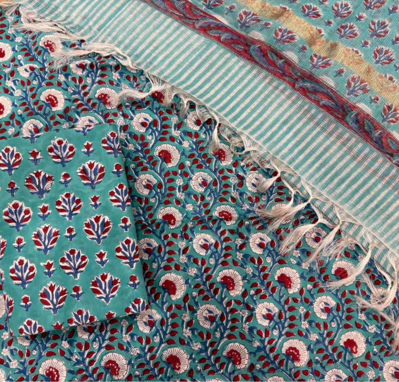 Hand Block Bagru and Sanganeri Printed Cotton 3PC Unstiched Suit With Kota Doriya Dupatta