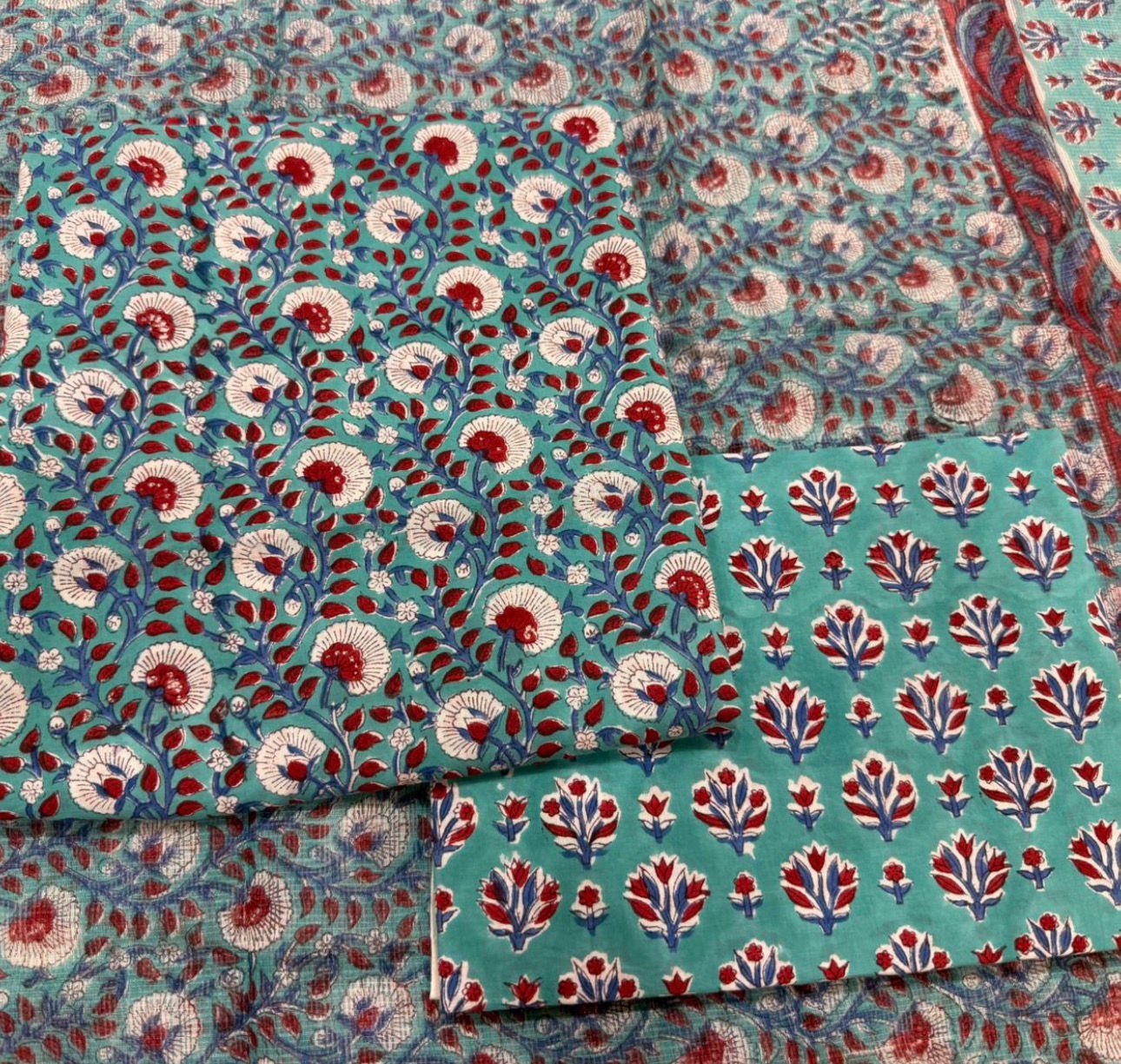 Hand Block Bagru and Sanganeri Printed Cotton 3PC Unstiched Suit With Kota Doriya Dupatta
