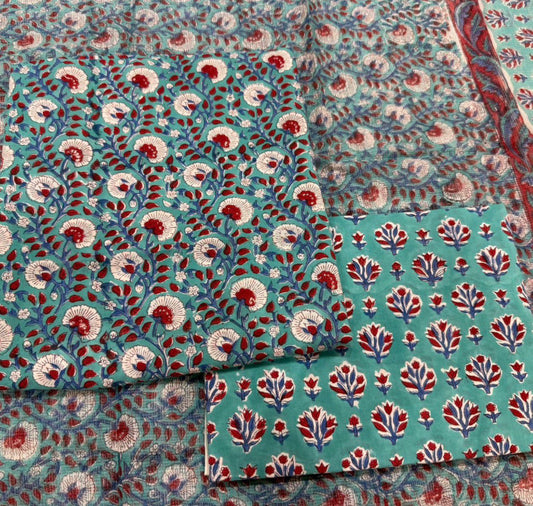 Hand Block Bagru and Sanganeri Printed Cotton 3PC Unstiched Suit With Kota Doriya Dupatta