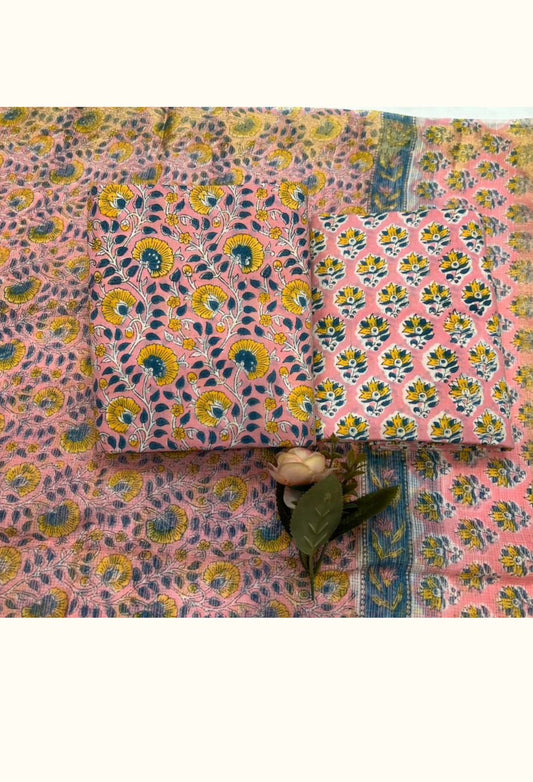 Hand Block Bagru and Sanganeri Printed Cotton 3PC Unstiched Suit With Kota Doriya Dupatta
