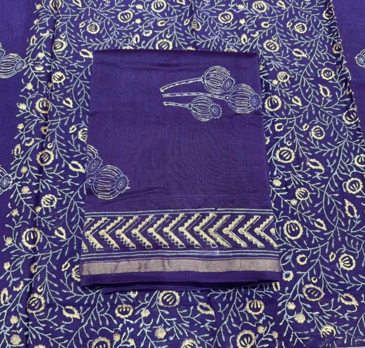Hand Block Bagru and Sanganeri Printed Chanderi Silk 3PC Unstiched Suit With Chanderi Silk Dupatta
