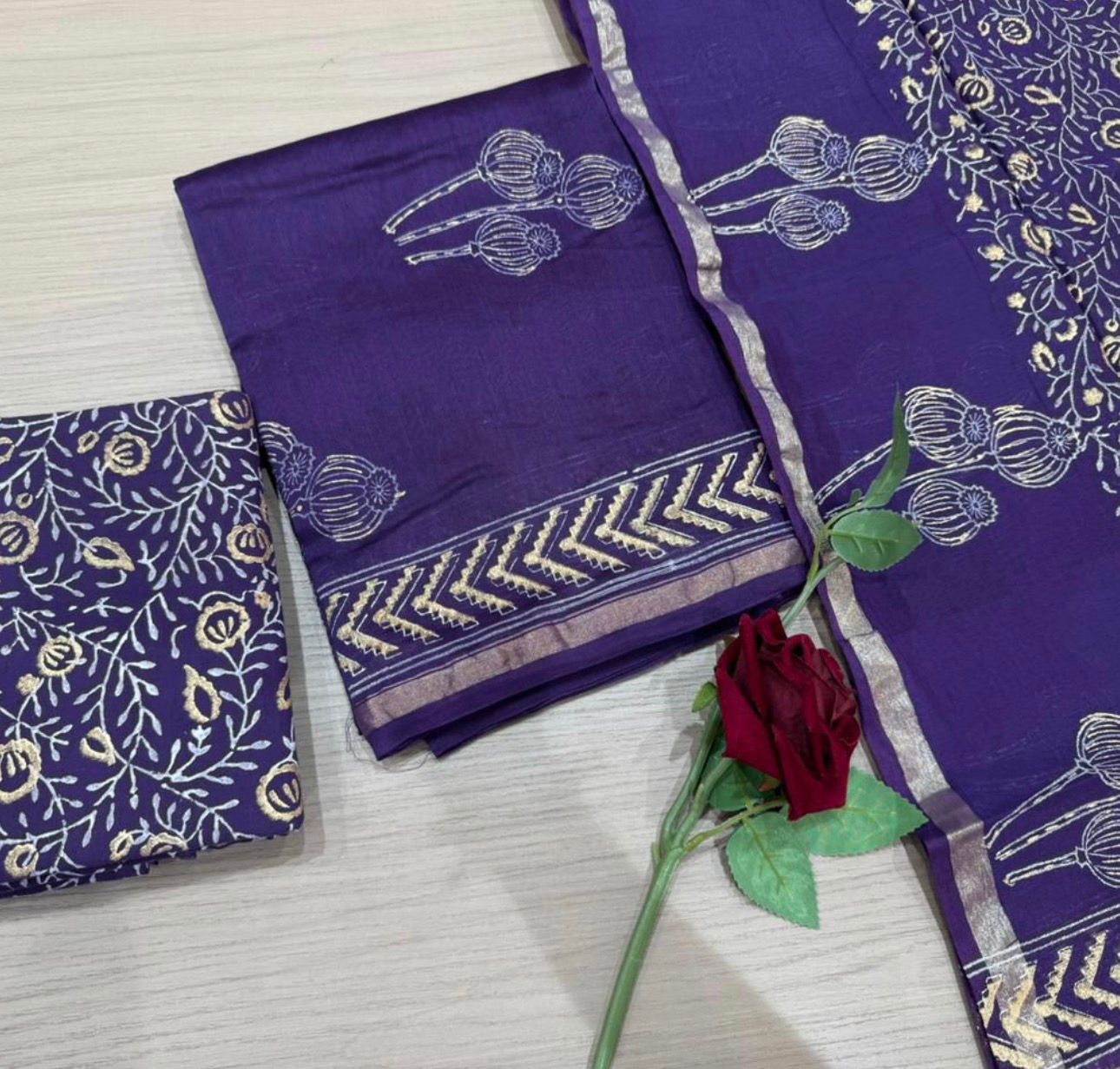 Hand Block Bagru and Sanganeri Printed Chanderi Silk 3PC Unstiched Suit With Chanderi Silk Dupatta