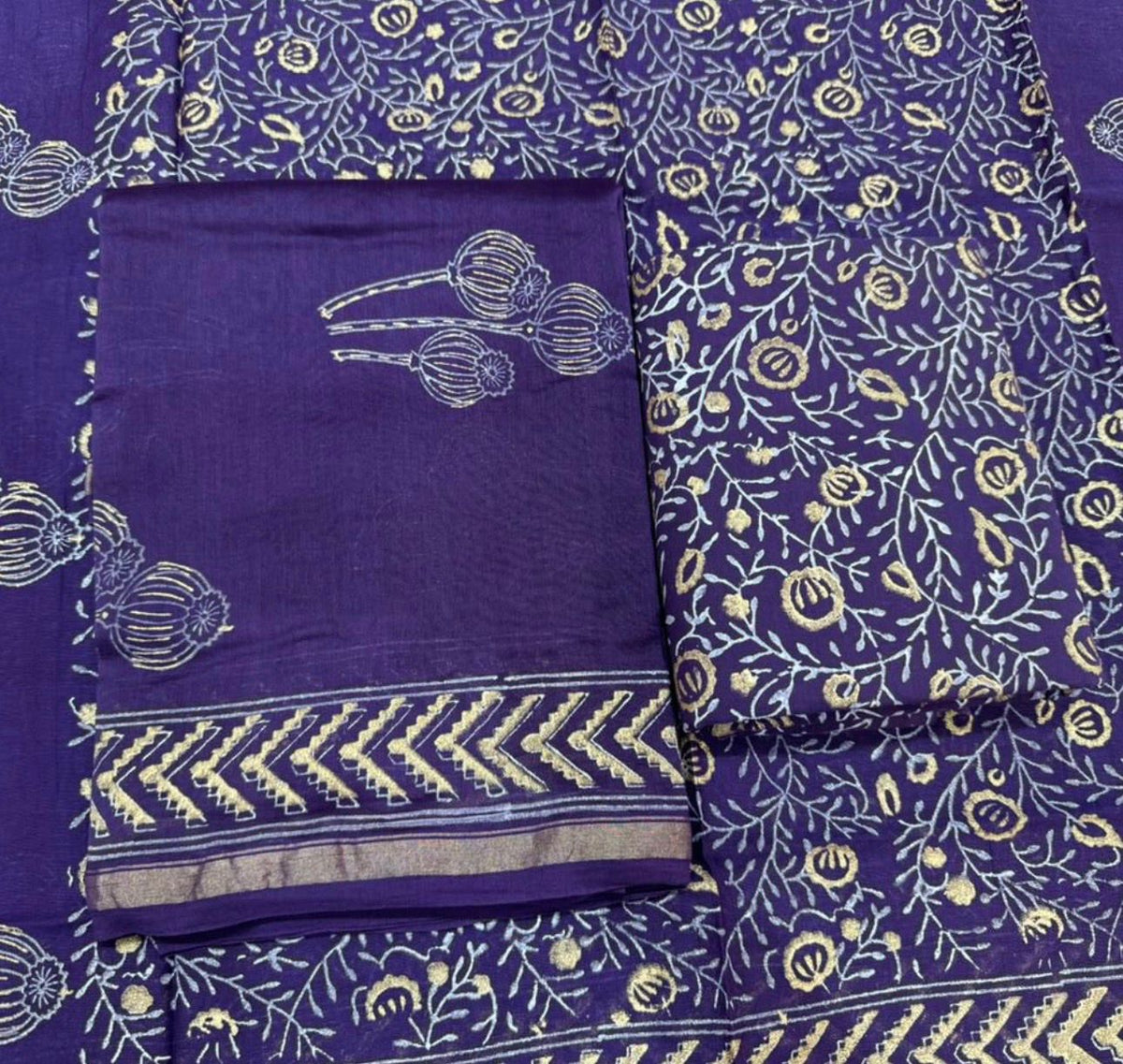 Hand Block Bagru and Sanganeri Printed Chanderi Silk 3PC Unstiched Suit With Chanderi Silk Dupatta