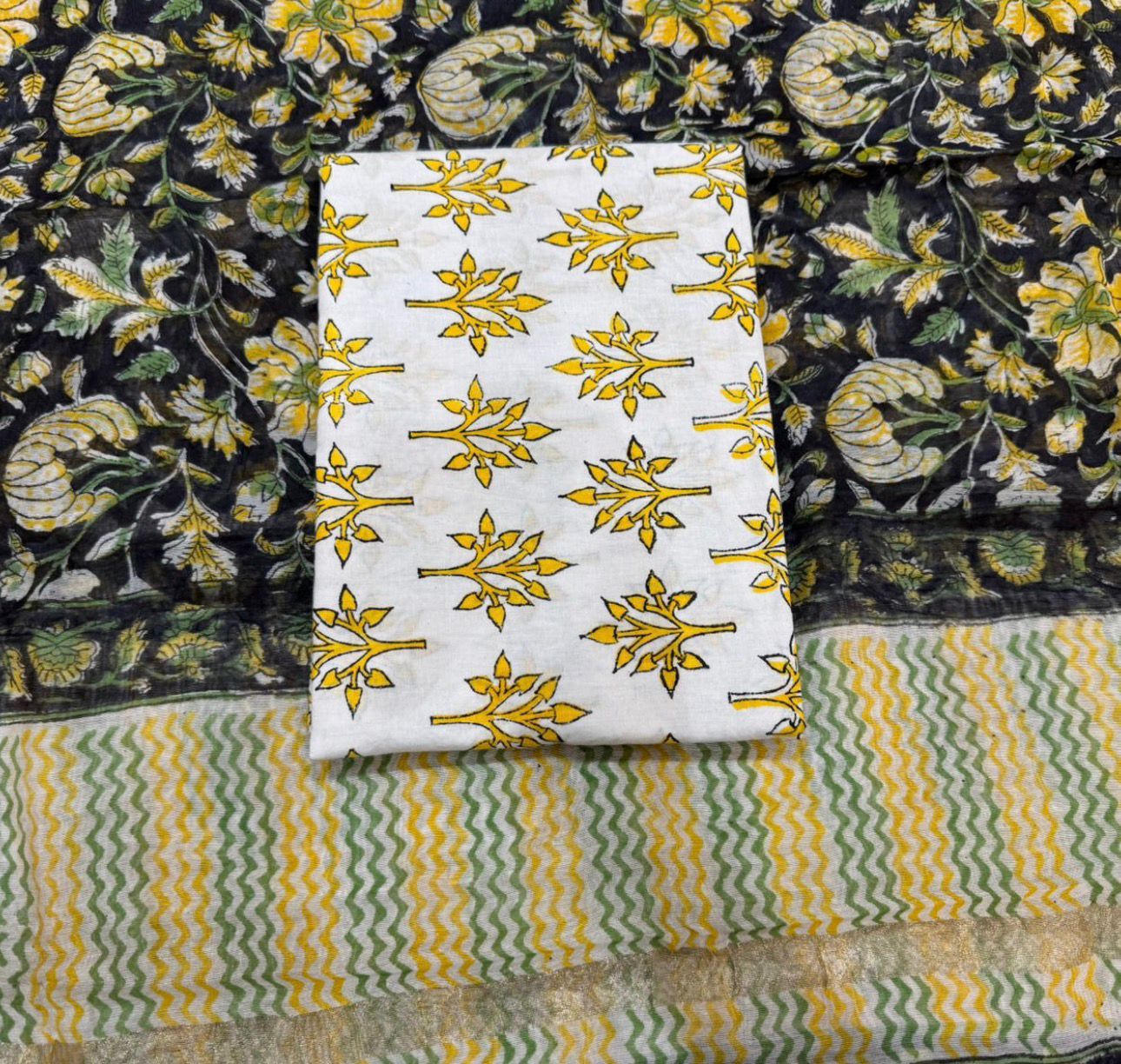 Hand Block Bagru and Sanganeri Printed Chanderi Silk 3PC Unstiched Suit With Chanderi Silk Dupatta