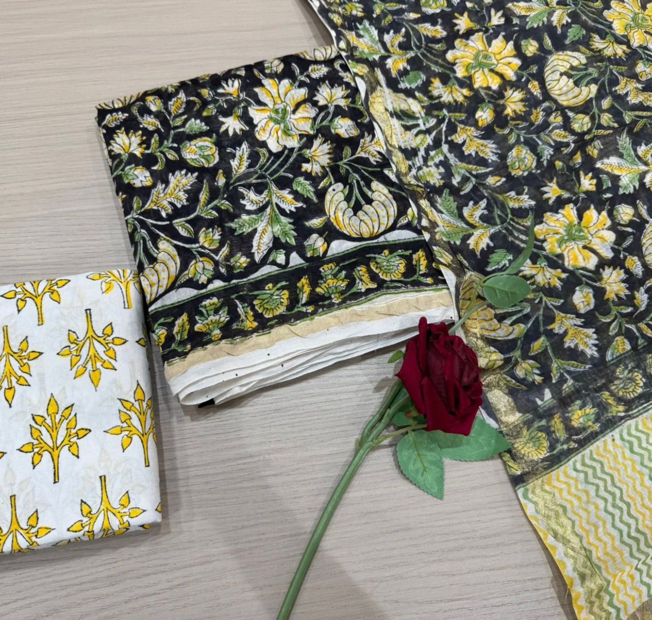 Hand Block Bagru and Sanganeri Printed Chanderi Silk 3PC Unstiched Suit With Chanderi Silk Dupatta