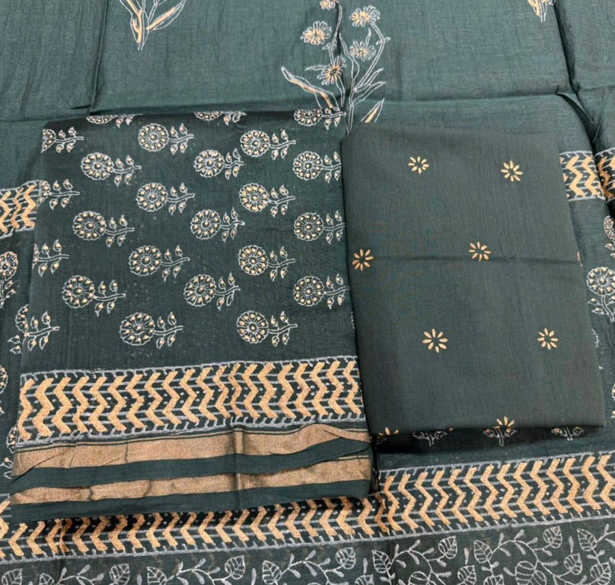 Hand Block Bagru and Sanganeri Printed Chanderi Silk 3PC Unstiched Suit With Chanderi Silk Dupatta