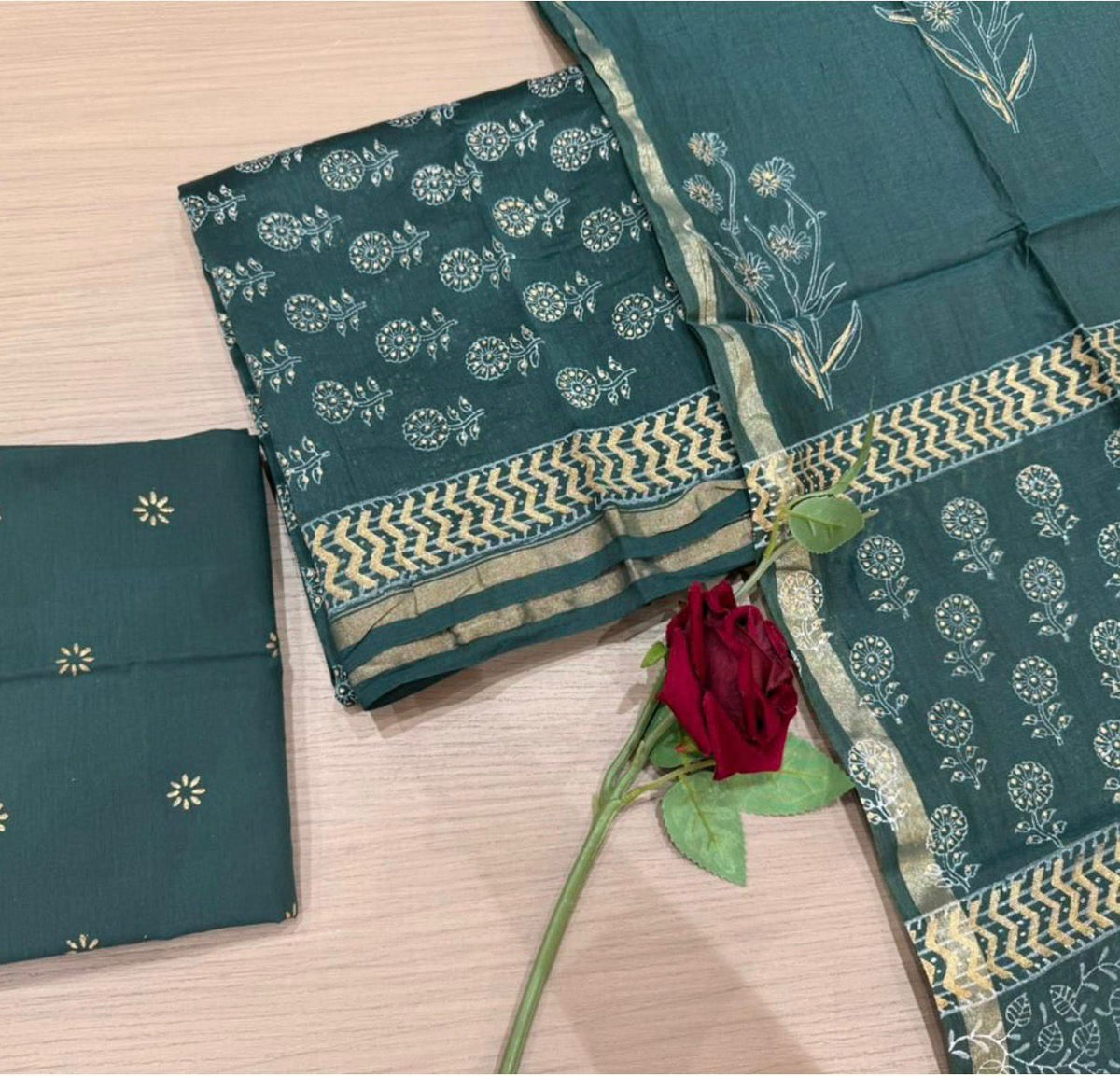 Hand Block Bagru and Sanganeri Printed Chanderi Silk 3PC Unstiched Suit With Chanderi Silk Dupatta
