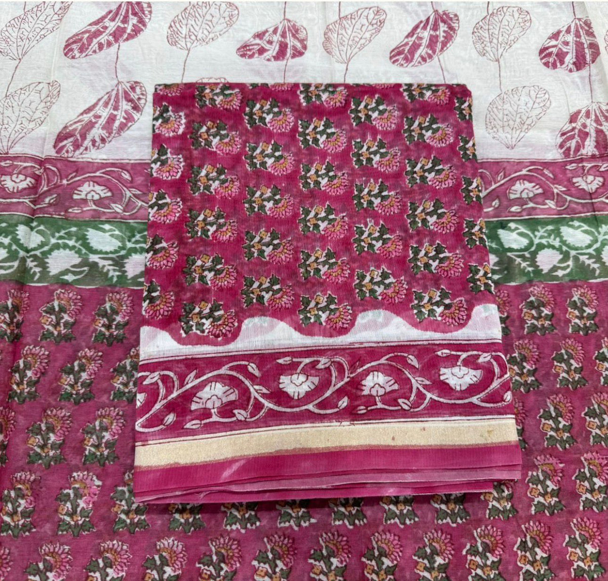 Hand Block Bagru and Sanganeri Printed Chanderi Silk 3PC Unstiched Suit With Chanderi Silk Dupatta