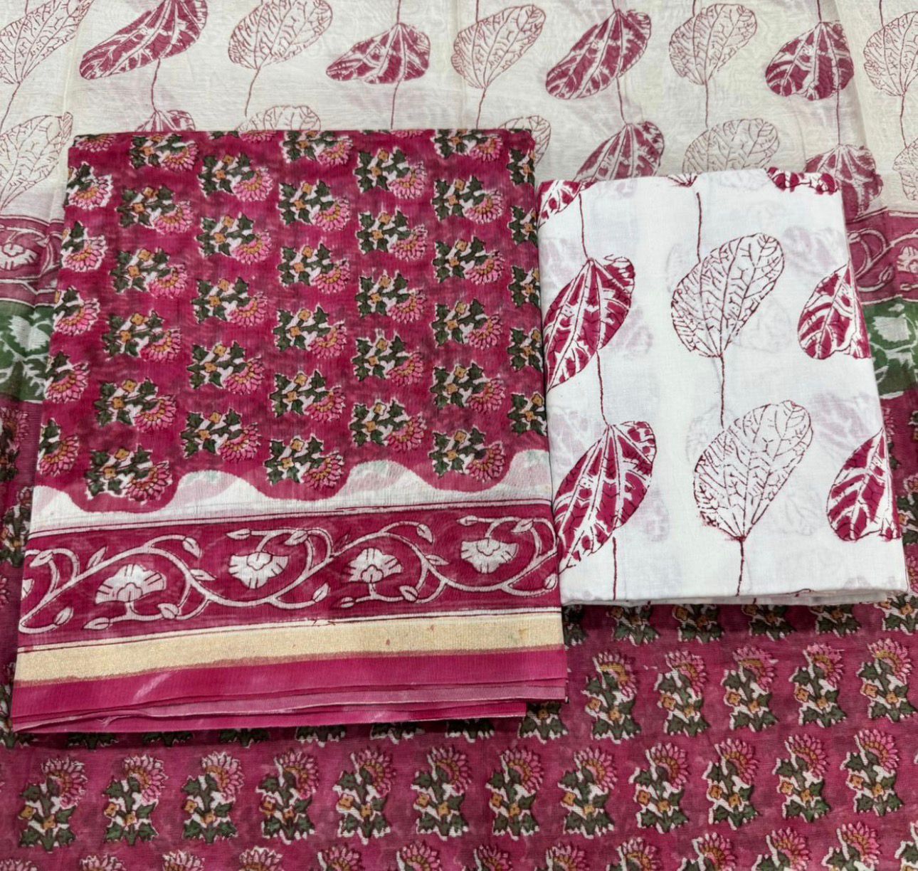 Hand Block Bagru and Sanganeri Printed Chanderi Silk 3PC Unstiched Suit With Chanderi Silk Dupatta