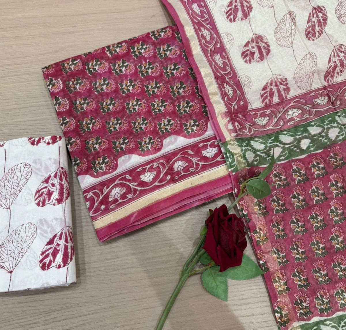 Hand Block Bagru and Sanganeri Printed Chanderi Silk 3PC Unstiched Suit With Chanderi Silk Dupatta