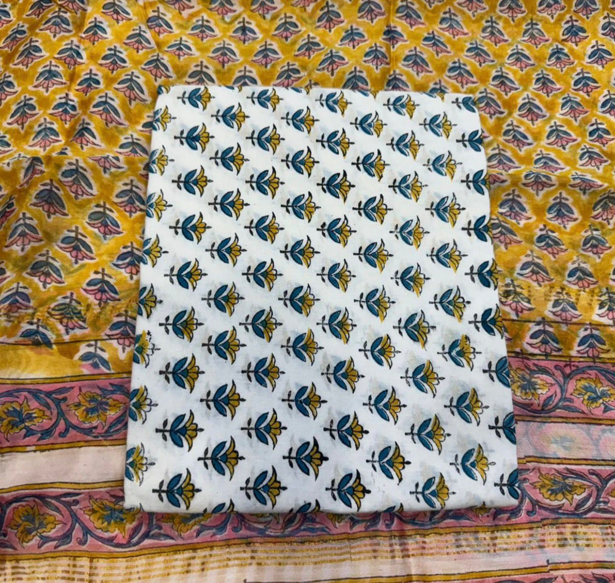 Hand Block Bagru and Sanganeri Printed Chanderi Silk 3PC Unstiched Suit With Chanderi Silk Dupatta