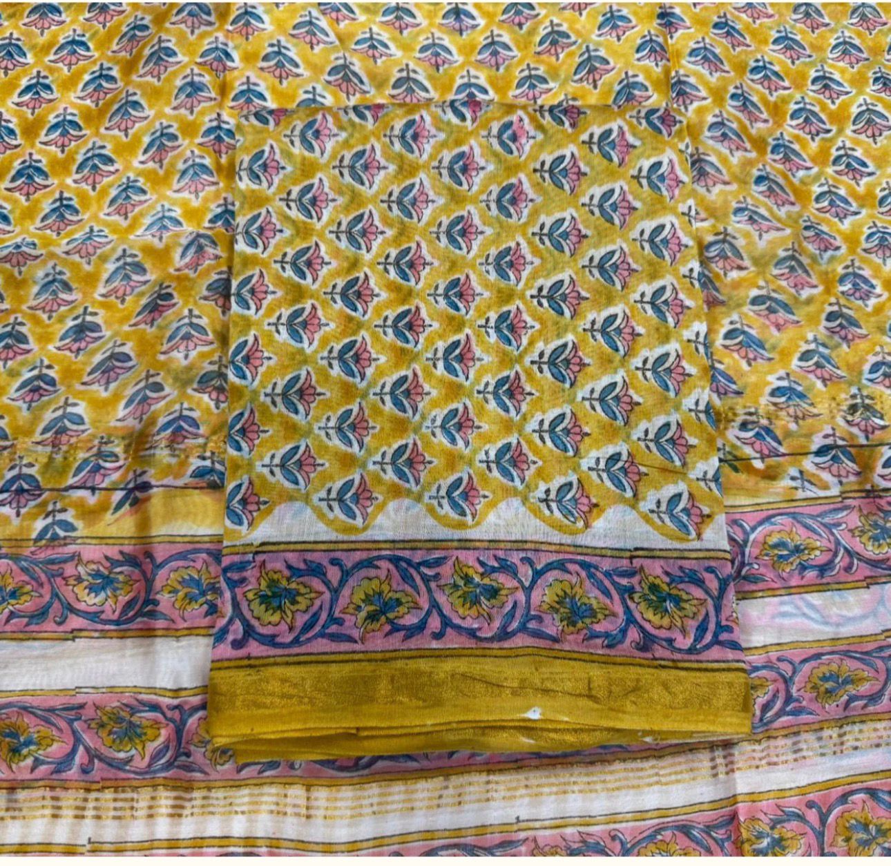Hand Block Bagru and Sanganeri Printed Chanderi Silk 3PC Unstiched Suit With Chanderi Silk Dupatta