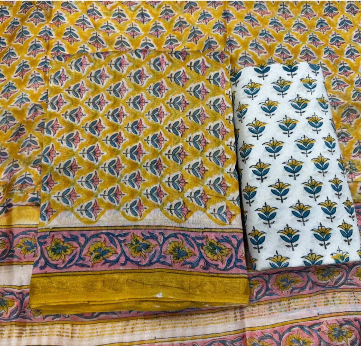 Hand Block Bagru and Sanganeri Printed Chanderi Silk 3PC Unstiched Suit With Chanderi Silk Dupatta