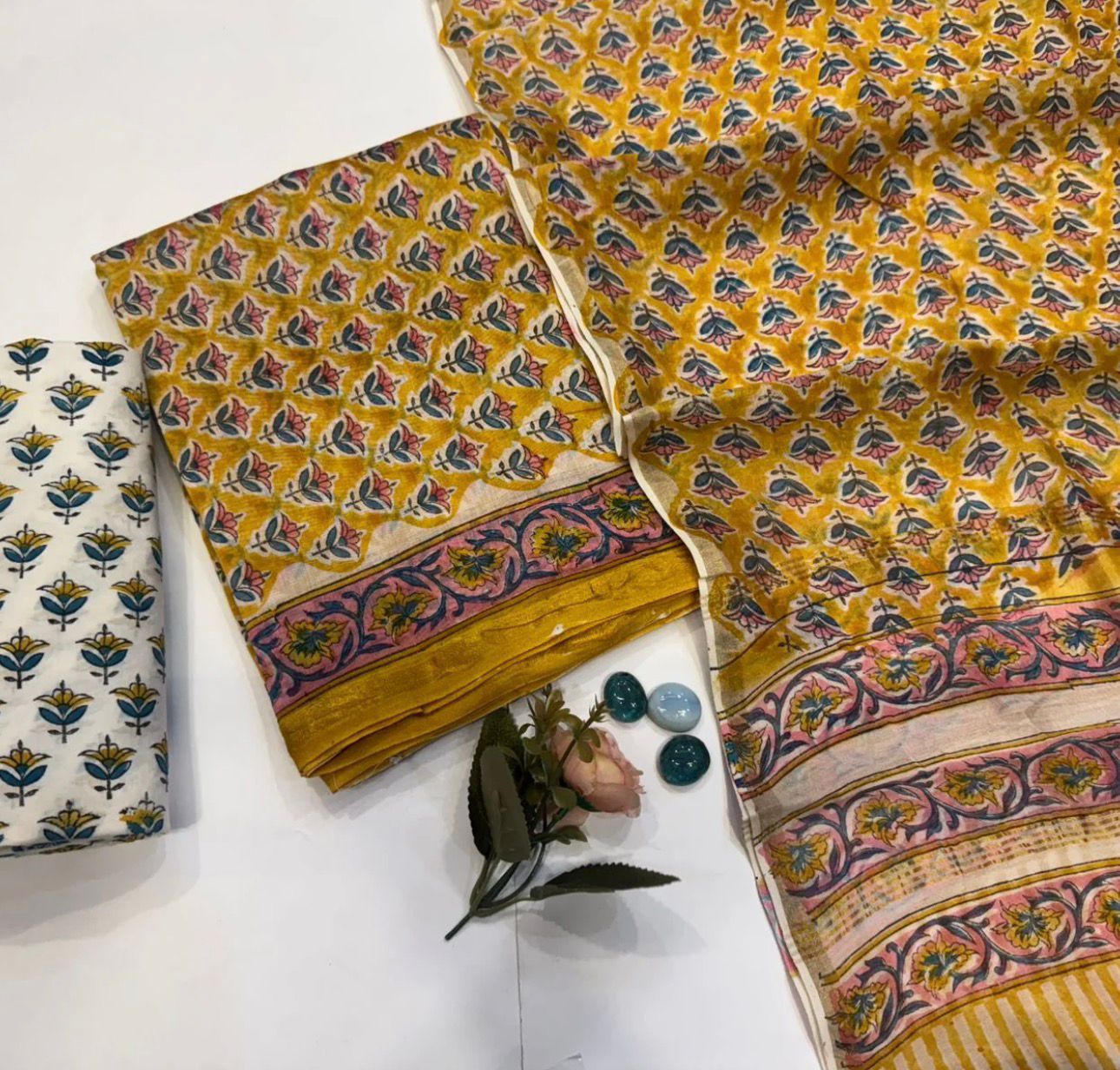 Hand Block Bagru and Sanganeri Printed Chanderi Silk 3PC Unstiched Suit With Chanderi Silk Dupatta