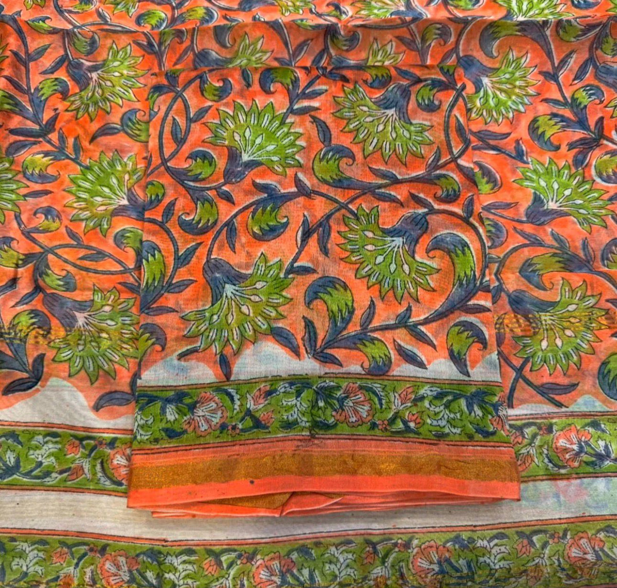 Hand Block Bagru and Sanganeri Printed Chanderi Silk 3PC Unstiched Suit With Chanderi Silk Dupatta