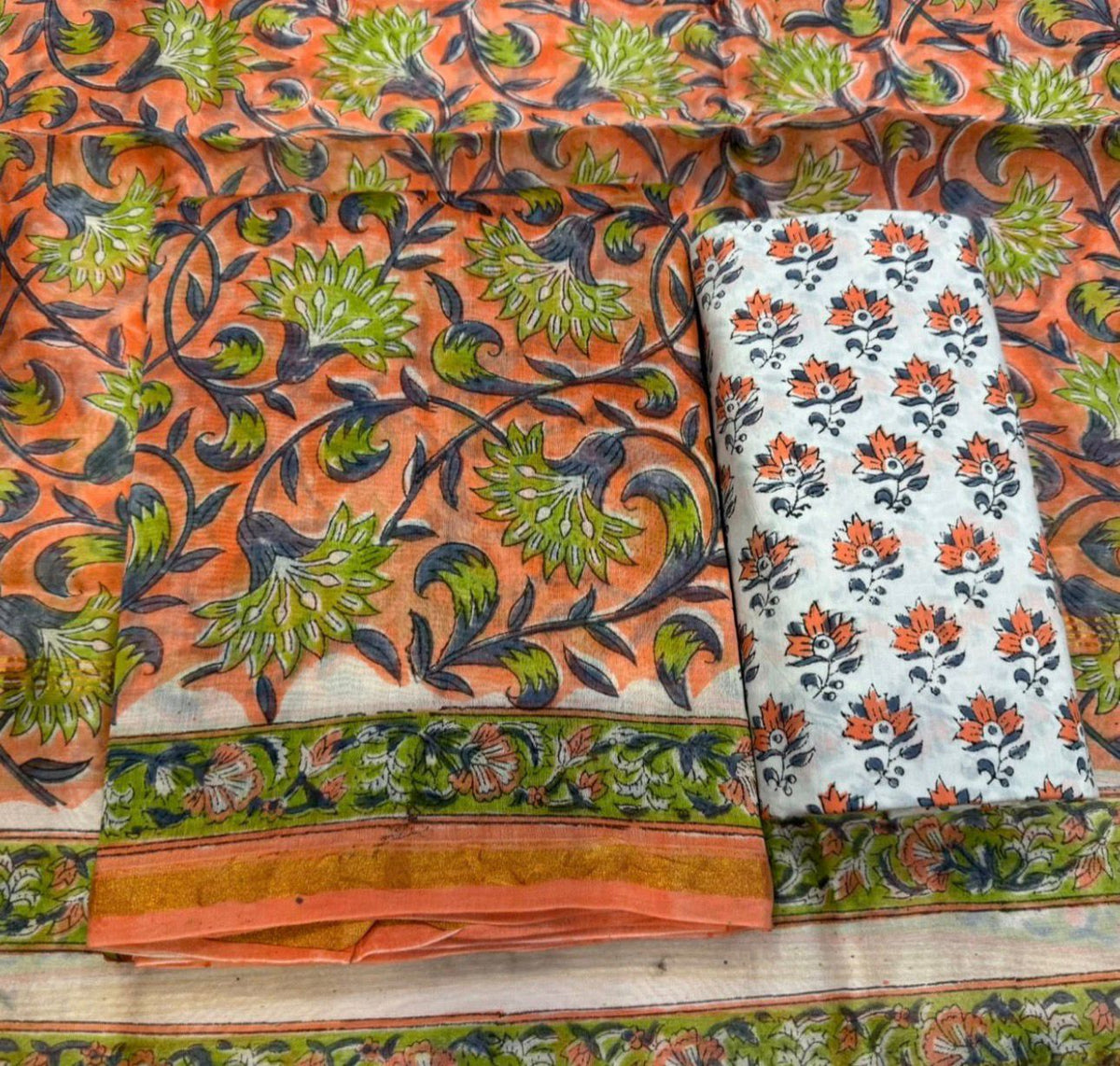 Hand Block Bagru and Sanganeri Printed Chanderi Silk 3PC Unstiched Suit With Chanderi Silk Dupatta