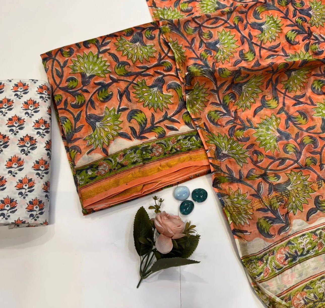 Hand Block Bagru and Sanganeri Printed Chanderi Silk 3PC Unstiched Suit With Chanderi Silk Dupatta