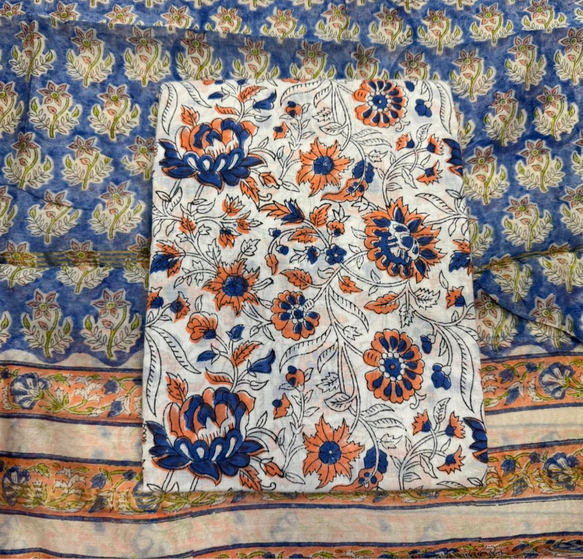 Hand Block Bagru and Sanganeri Printed Chanderi Silk 3PC Unstiched Suit With Chanderi Silk Dupatta