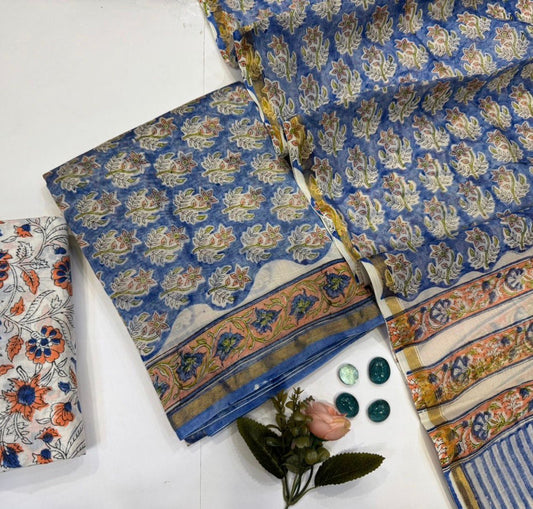 Hand Block Bagru and Sanganeri Printed Chanderi Silk 3PC Unstiched Suit With Chanderi Silk Dupatta