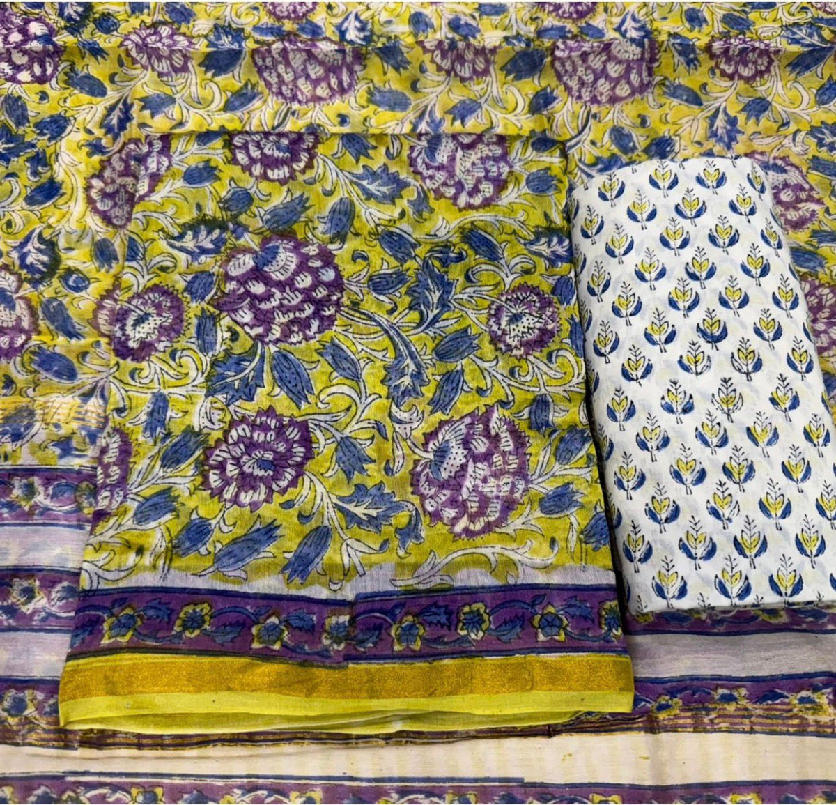 Hand Block Bagru and Sanganeri Printed Chanderi Silk 3PC Unstiched Suit With Chanderi Silk Dupatta