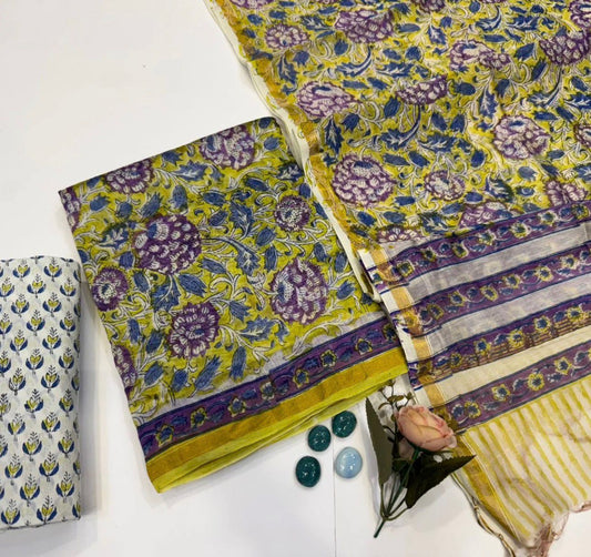 Hand Block Bagru and Sanganeri Printed Chanderi Silk 3PC Unstiched Suit With Chanderi Silk Dupatta