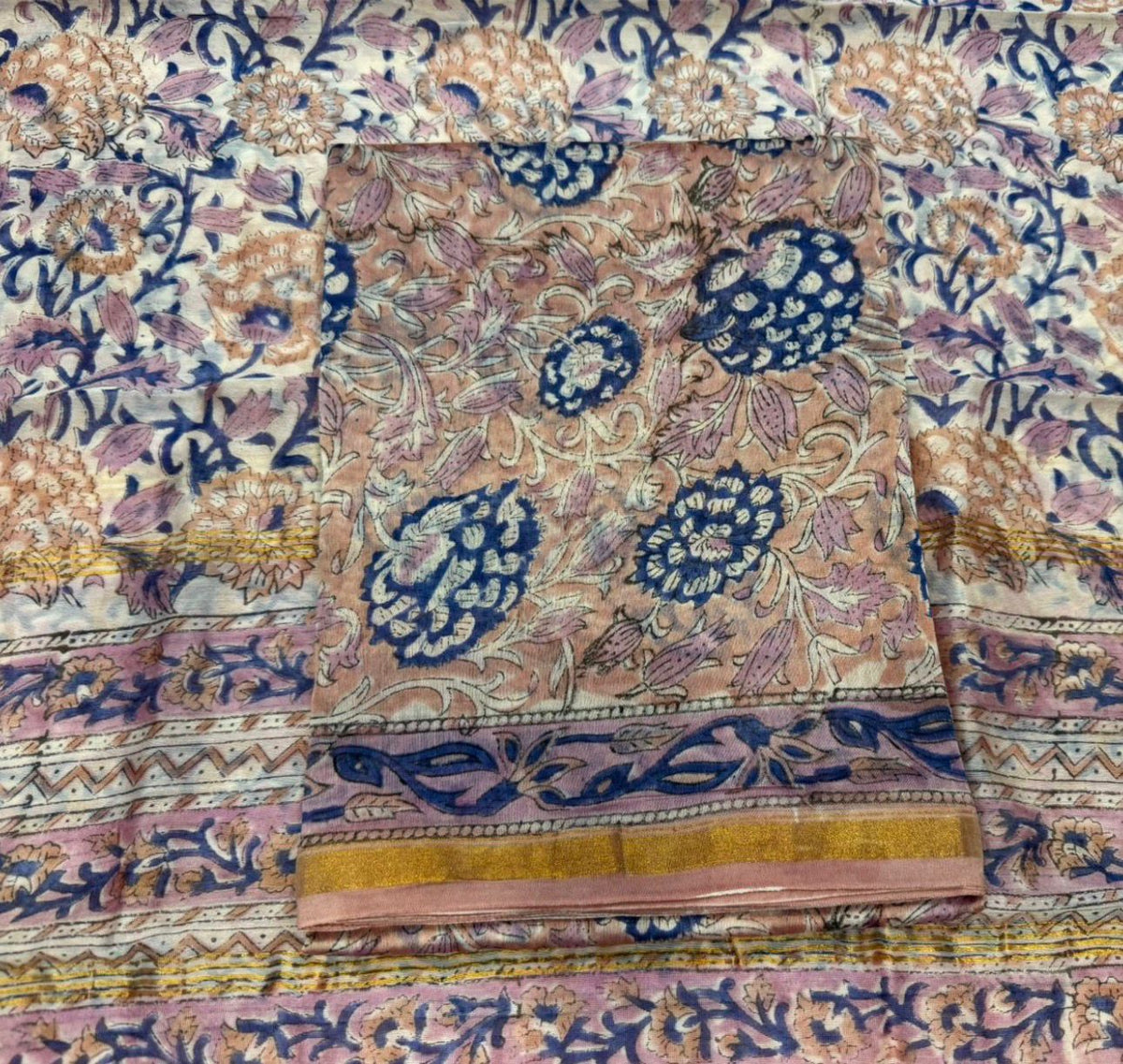 Hand Block Bagru and Sanganeri Printed Chanderi Silk 3PC Unstiched Suit With Chanderi Silk Dupatta
