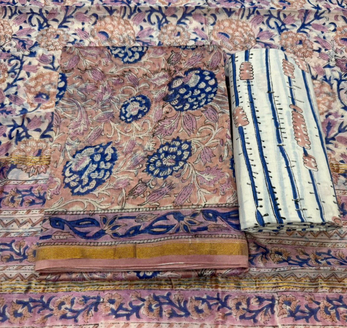 Hand Block Bagru and Sanganeri Printed Chanderi Silk 3PC Unstiched Suit With Chanderi Silk Dupatta