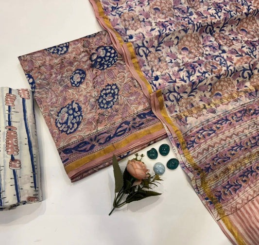 Hand Block Bagru and Sanganeri Printed Chanderi Silk 3PC Unstiched Suit With Chanderi Silk Dupatta