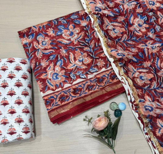 Hand Block Bagru and Sanganeri Printed Chanderi Silk 3PC Unstiched Suit With Chanderi Silk Dupatta