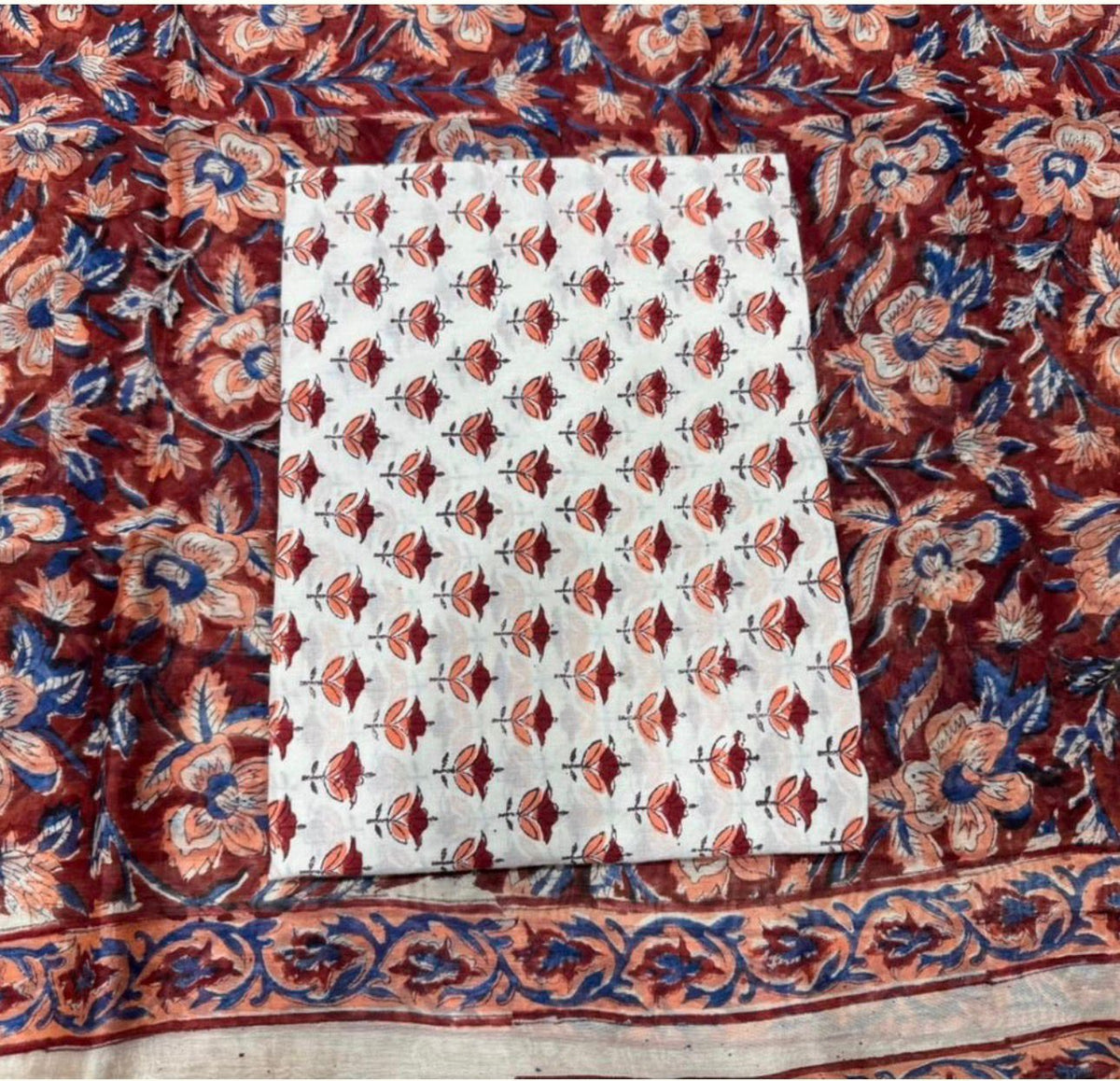 Hand Block Bagru and Sanganeri Printed Chanderi Silk 3PC Unstiched Suit With Chanderi Silk Dupatta
