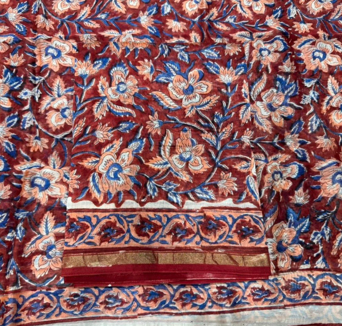 Hand Block Bagru and Sanganeri Printed Chanderi Silk 3PC Unstiched Suit With Chanderi Silk Dupatta