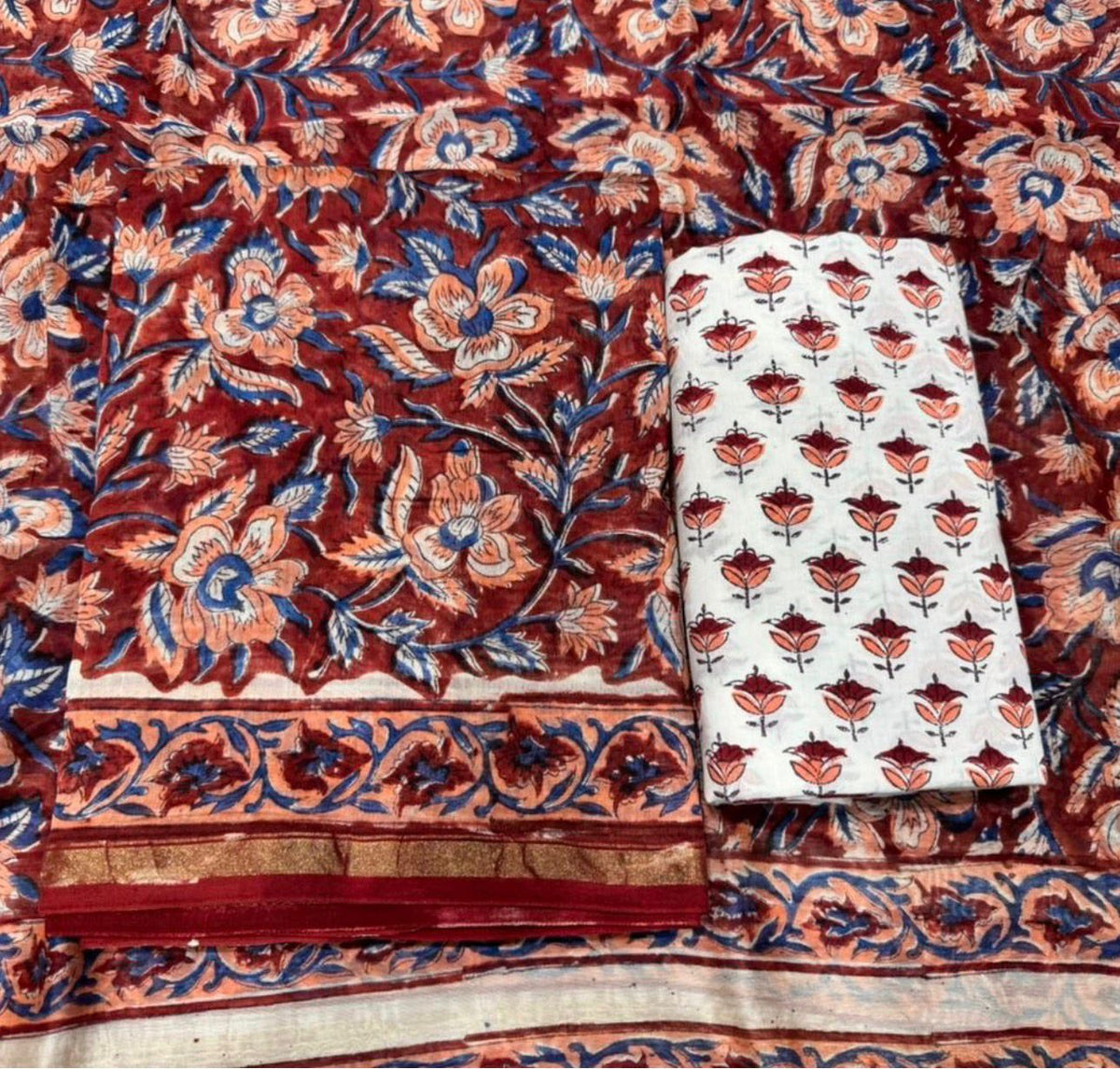Hand Block Bagru and Sanganeri Printed Chanderi Silk 3PC Unstiched Suit With Chanderi Silk Dupatta