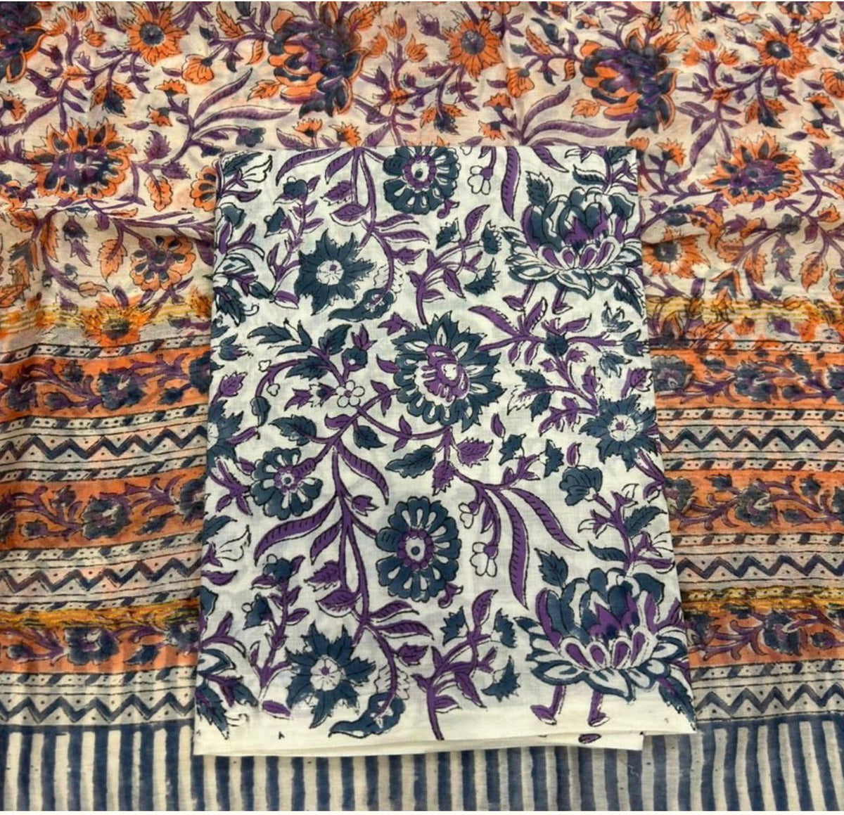 Hand Block Bagru and Sanganeri Printed Chanderi Silk 3PC Unstiched Suit With Chanderi Silk Dupatta
