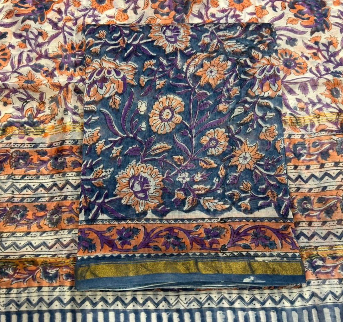 Hand Block Bagru and Sanganeri Printed Chanderi Silk 3PC Unstiched Suit With Chanderi Silk Dupatta