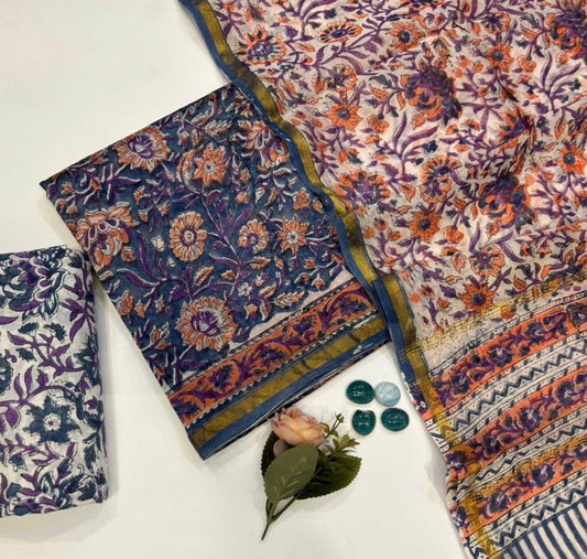 Hand Block Bagru and Sanganeri Printed Chanderi Silk 3PC Unstiched Suit With Chanderi Silk Dupatta