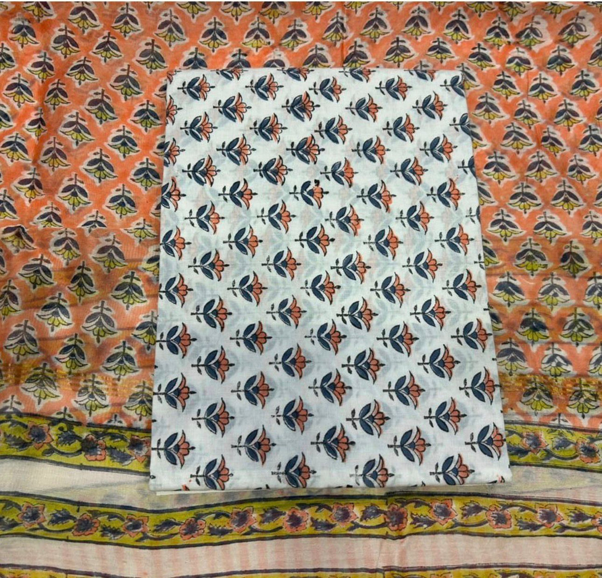Hand Block Bagru and Sanganeri Printed Chanderi Silk 3PC Unstiched Suit With Chanderi Silk Dupatta
