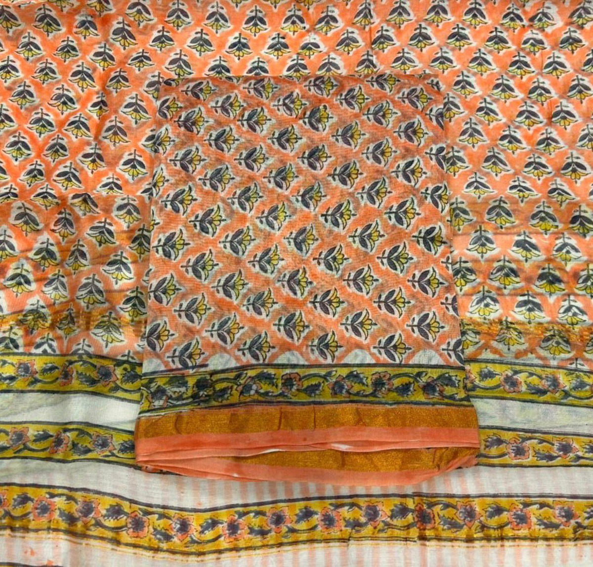 Hand Block Bagru and Sanganeri Printed Chanderi Silk 3PC Unstiched Suit With Chanderi Silk Dupatta