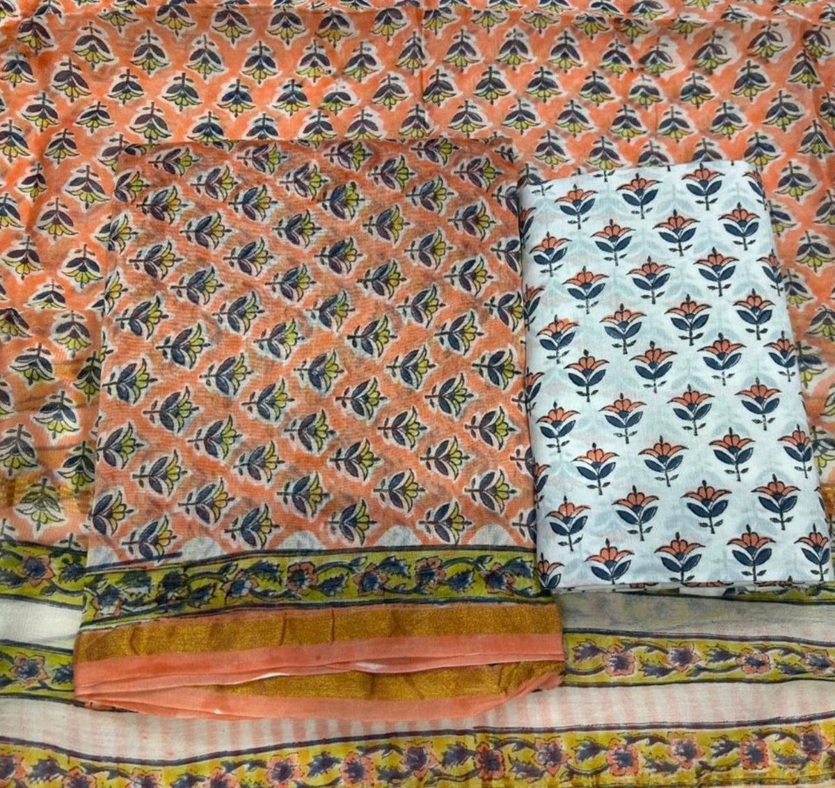 Hand Block Bagru and Sanganeri Printed Chanderi Silk 3PC Unstiched Suit With Chanderi Silk Dupatta