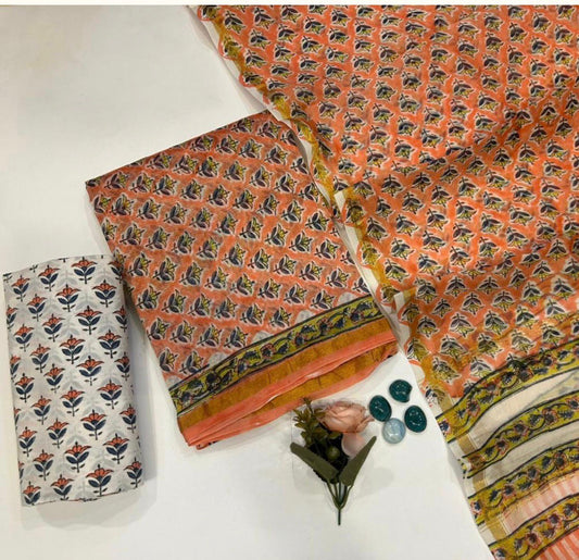 Hand Block Bagru and Sanganeri Printed Chanderi Silk 3PC Unstiched Suit With Chanderi Silk Dupatta