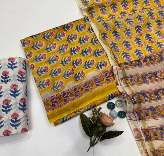 Hand Block Bagru and Sanganeri Printed Chanderi Silk 3PC Unstiched Suit With Chanderi Silk Dupatta
