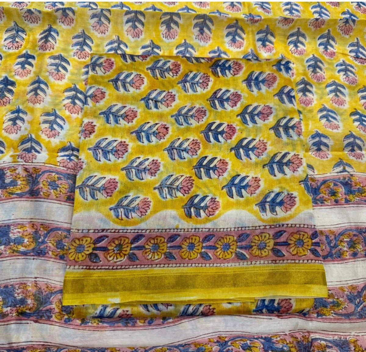Hand Block Bagru and Sanganeri Printed Chanderi Silk 3PC Unstiched Suit With Chanderi Silk Dupatta