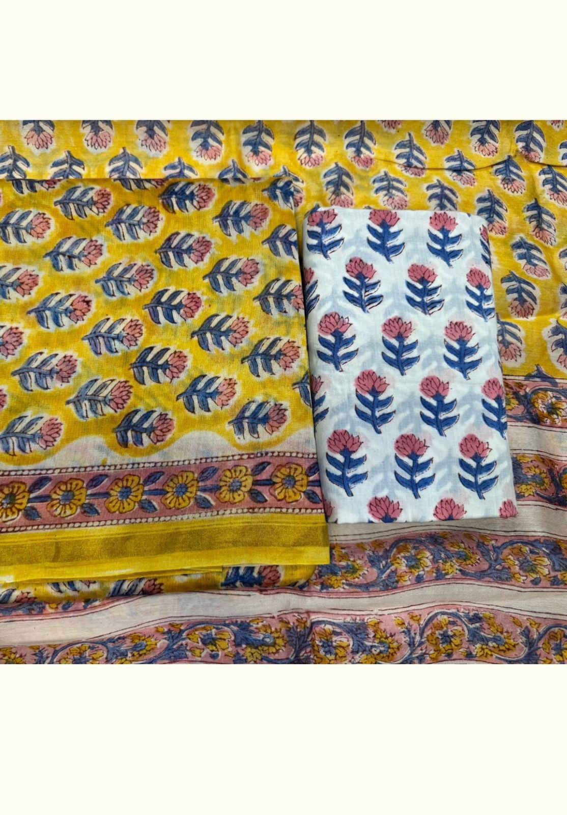 Hand Block Bagru and Sanganeri Printed Chanderi Silk 3PC Unstiched Suit With Chanderi Silk Dupatta