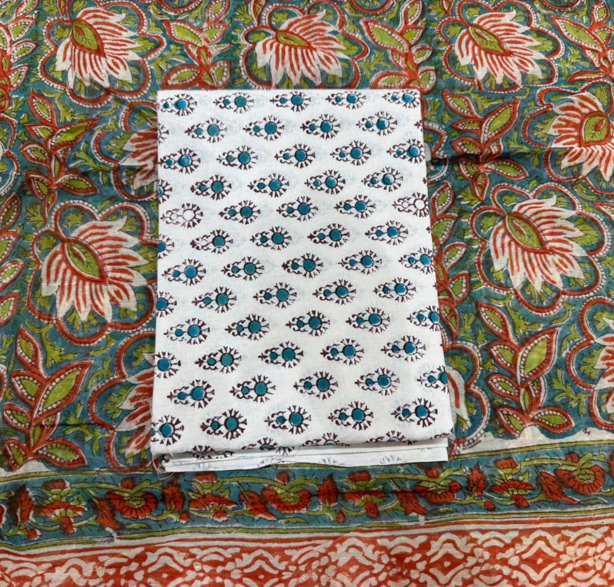 Hand Block Bagru and Sanganeri Printed Chanderi Silk 3PC Unstiched Suit With Chanderi Silk Dupatta